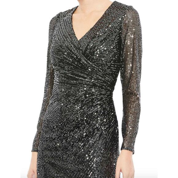 MAC DUGGAL Dress Size 6 Evening Gown Sequin Black Gunmetal NEW Midi V Neck - Picture 8 of 8